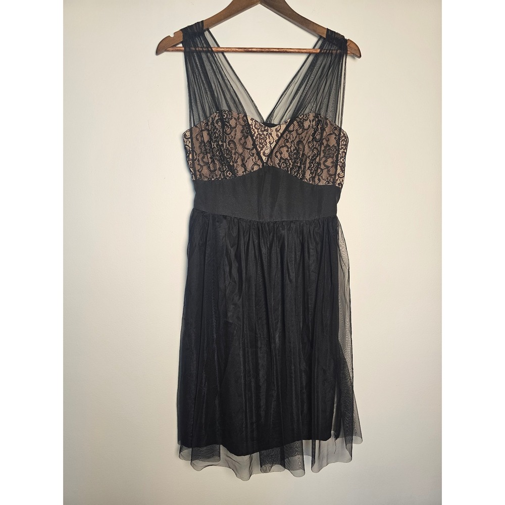 [Whimsigoth] Retro Stage Lace Tulle Cocktail  Womens L Black Nude Vintage Style